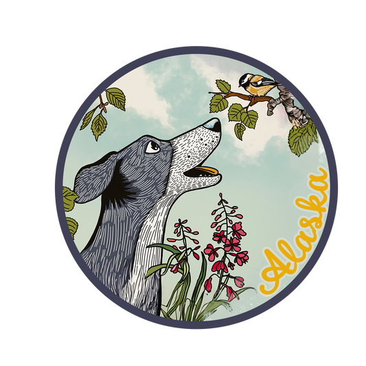 Dog and Chickadee sticker