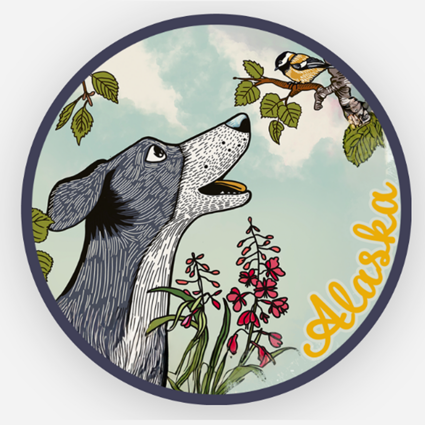 Dog and Chickadee sticker